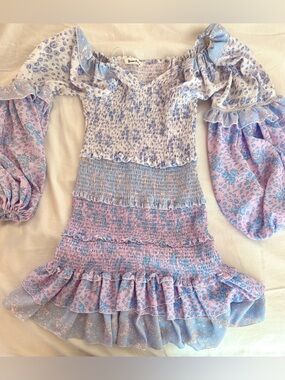 Smocked Off-Shoulder Long Sleeve Floral Mini Dress - Pastel Blue & Pink